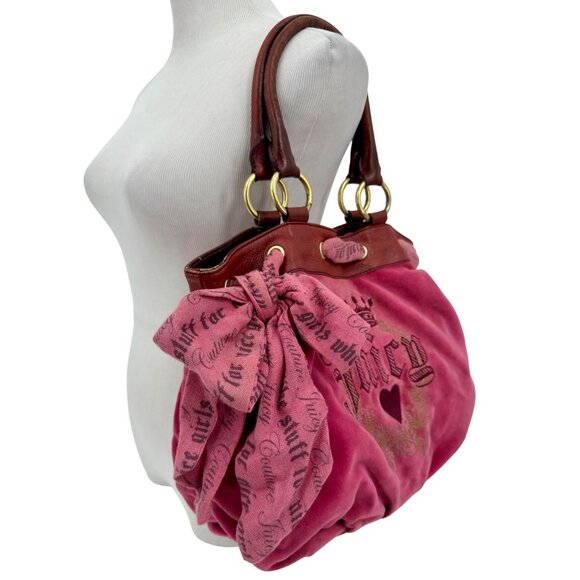 RARE Vintage Y2K Juicy Couture Pink Velour Vegan Leather Embroidered Logo Bag - Picture 2 of 16